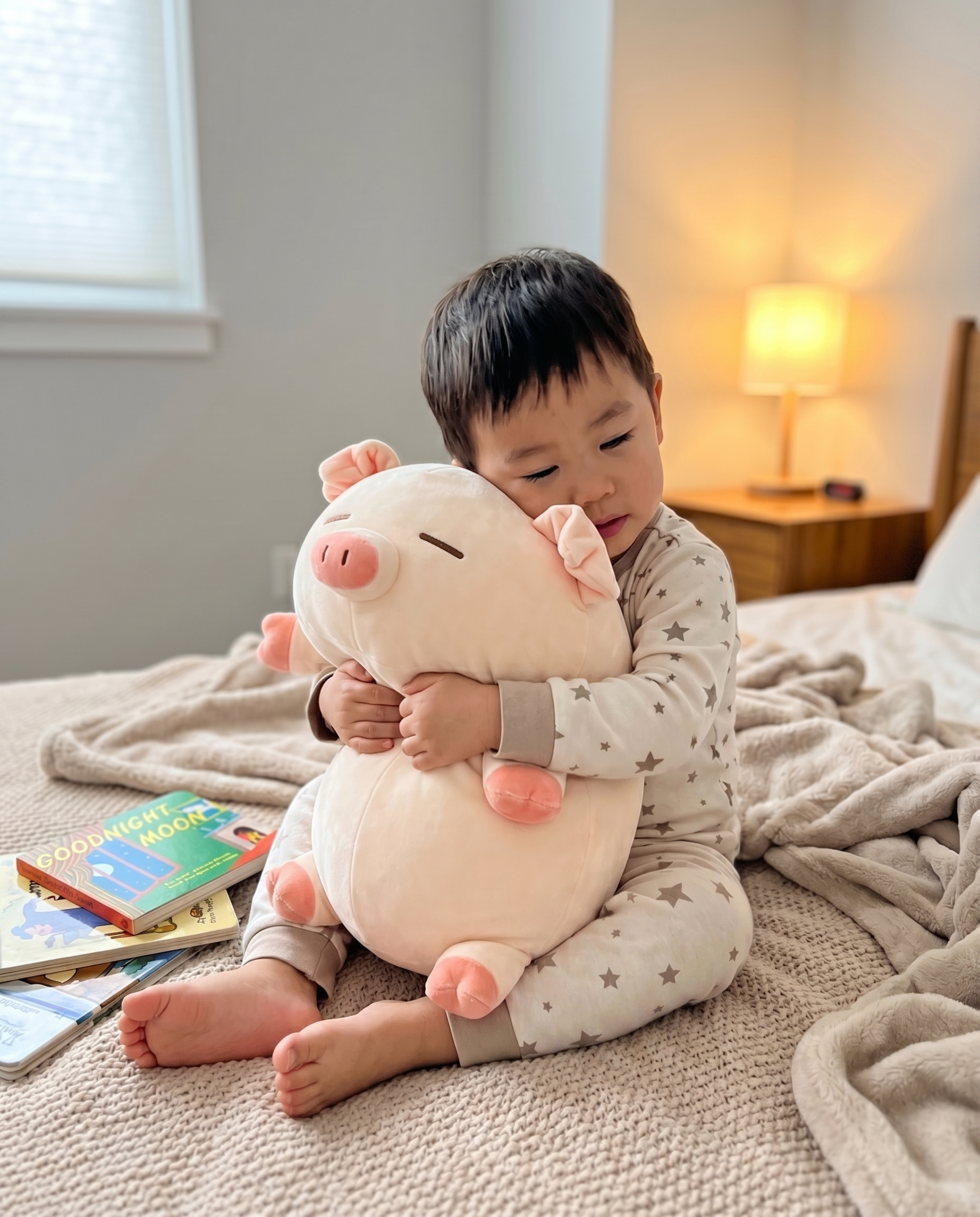 Child cuddling a Herro Piggy plush